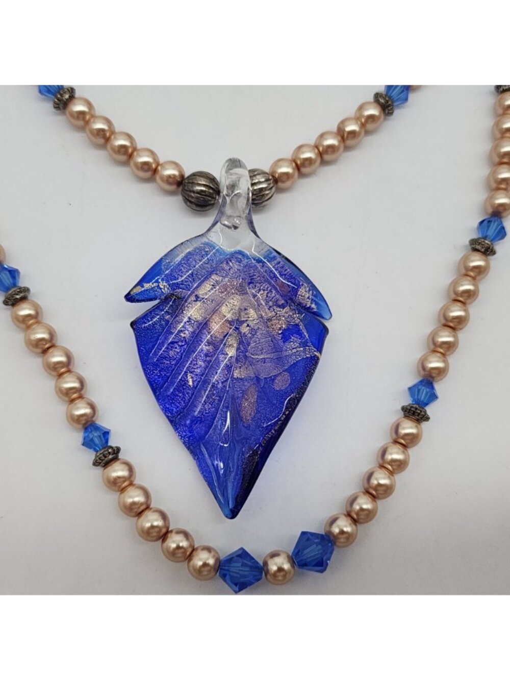 Two Strand Pendant Necklace Blue Murano Style Glass Leaf Faux Pearl Crystal - Picture 9 of 10